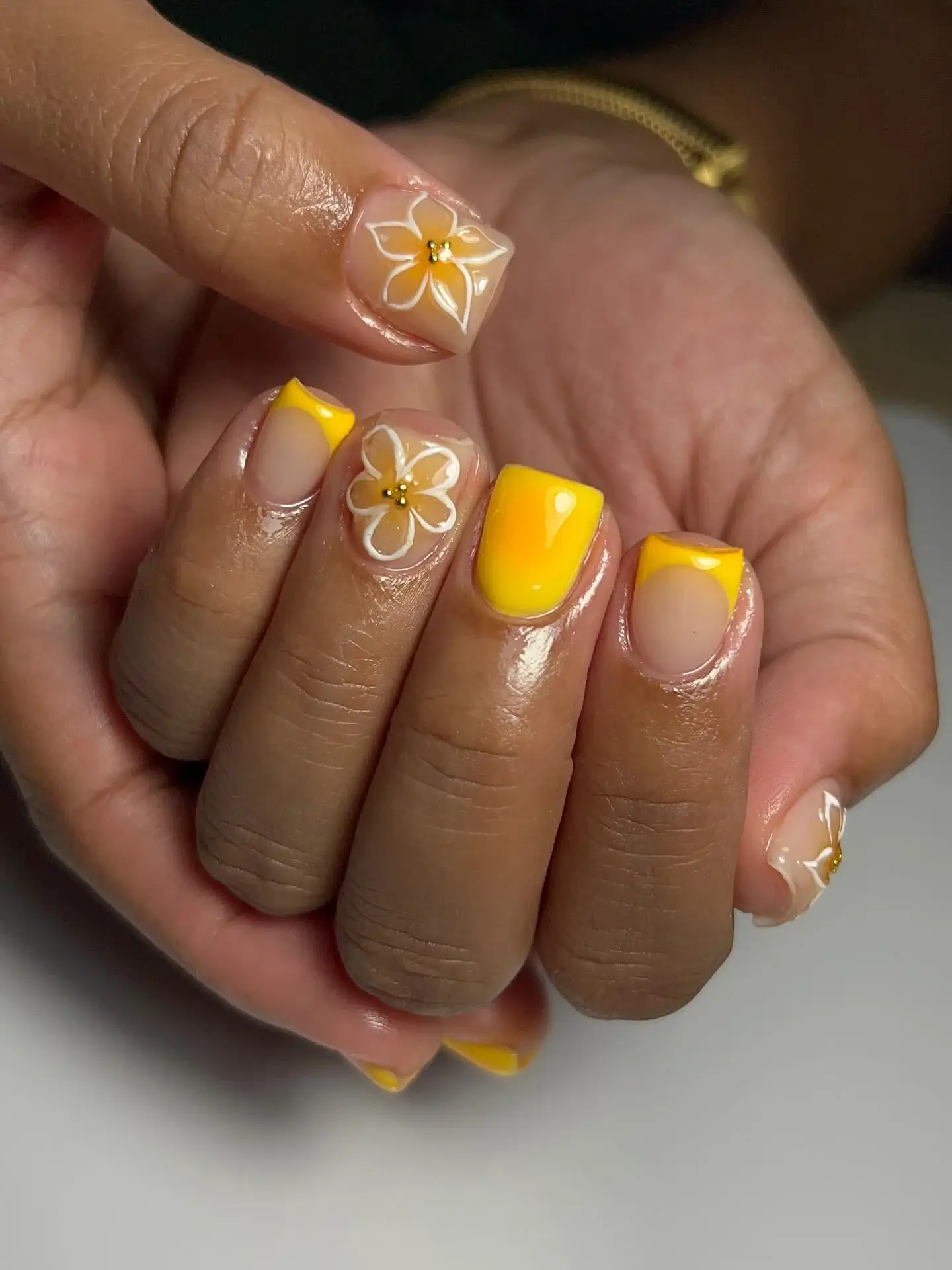 Yellow floral nail art at Orlando nail salon A-List Nails